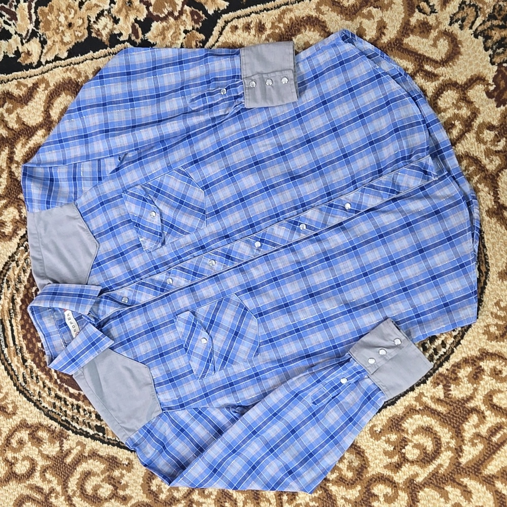 Vintage Roper Blue Metallic Plaid Western Snap Shirt Cowboy Retro Rodeo Y2K 90s